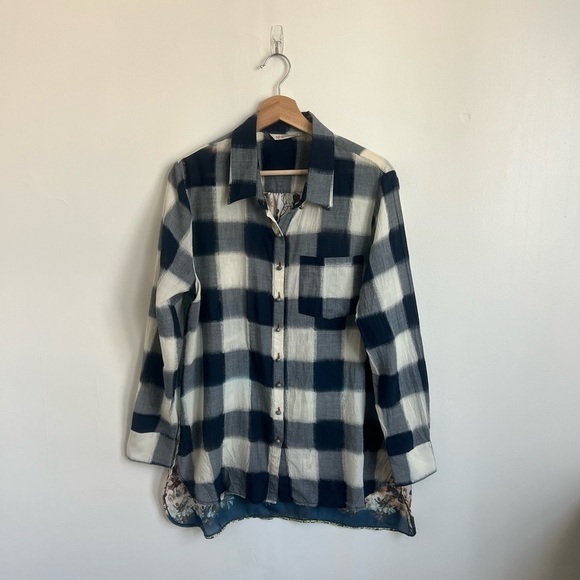 Soft Surrounding Blue Checker Floral Button Down Shirt - Picture 1 of 7